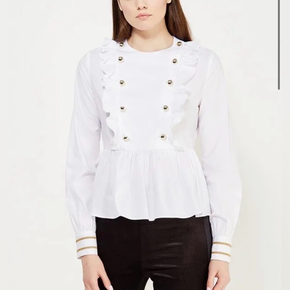 🆕 [Pinko] White Cotton Ruffle Peplum Gold Button Blouse IT 40 S Made in Italy - Picture 7 of 13